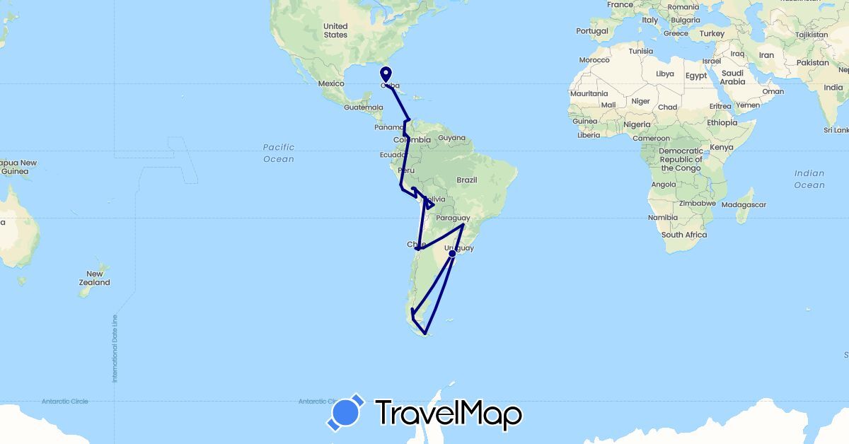 TravelMap itinerary: driving in Argentina, Bolivia, Chile, Colombia, Cuba, Peru (North America, South America)